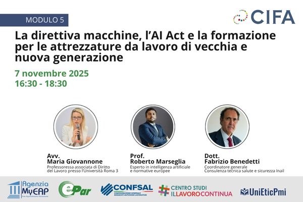 Corso di formazione su Accordo Stato-Regioni: al via quinto modulo su AI Act e direttiva macchine